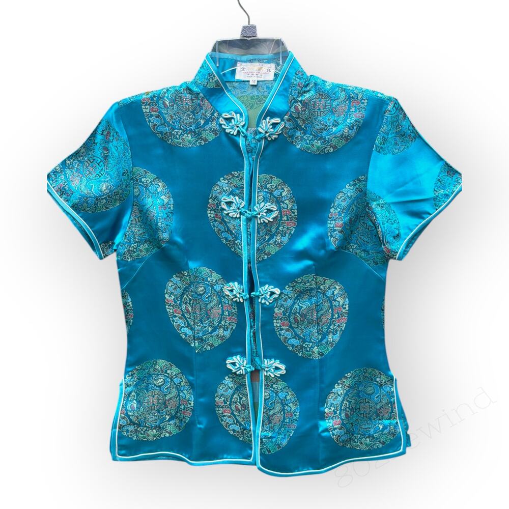 Turquoise Satin Silk Brocade Tang Suit Top Cheongsam Qipao Mandarin Collar S/M